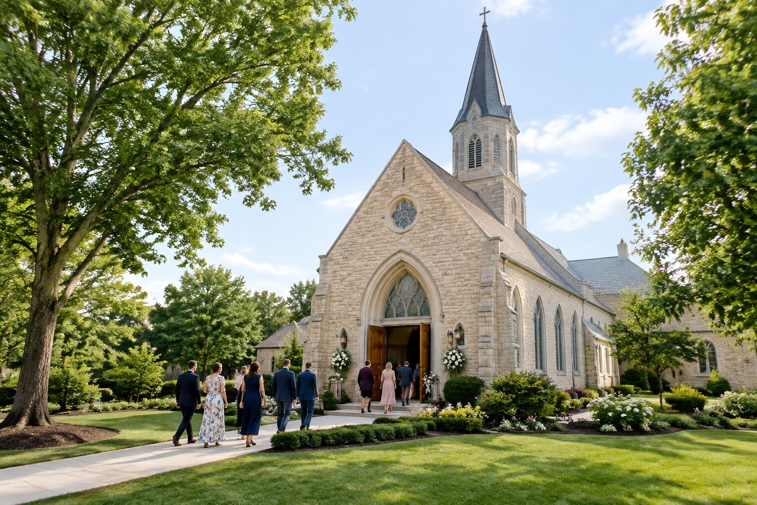 A historic Christian church with a steeple, landscaped grounds, floral arrangements, and wedding guests arriving.