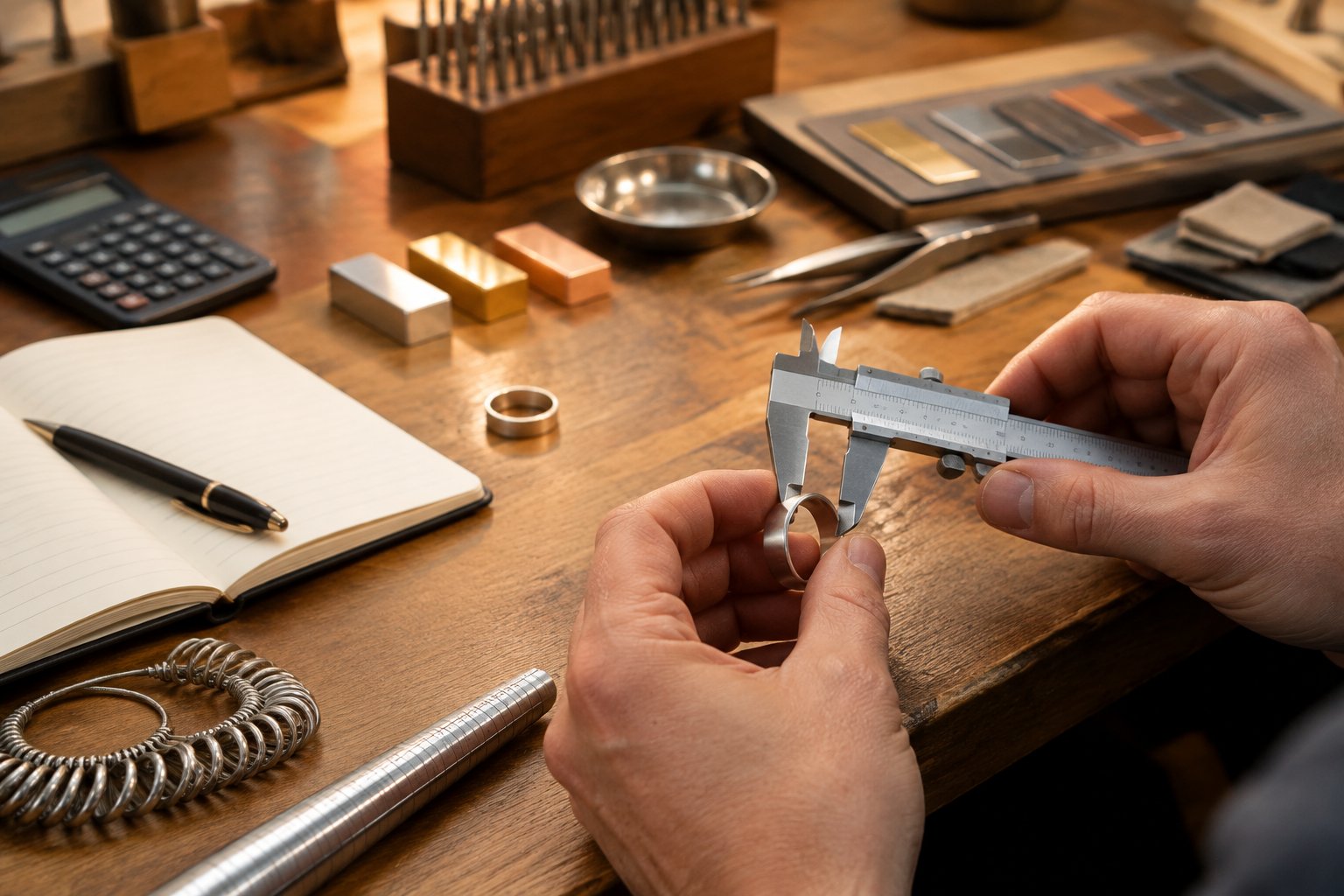 A jeweler measures and shapes a plain wedding band beside tools and a calculator on a workbench.