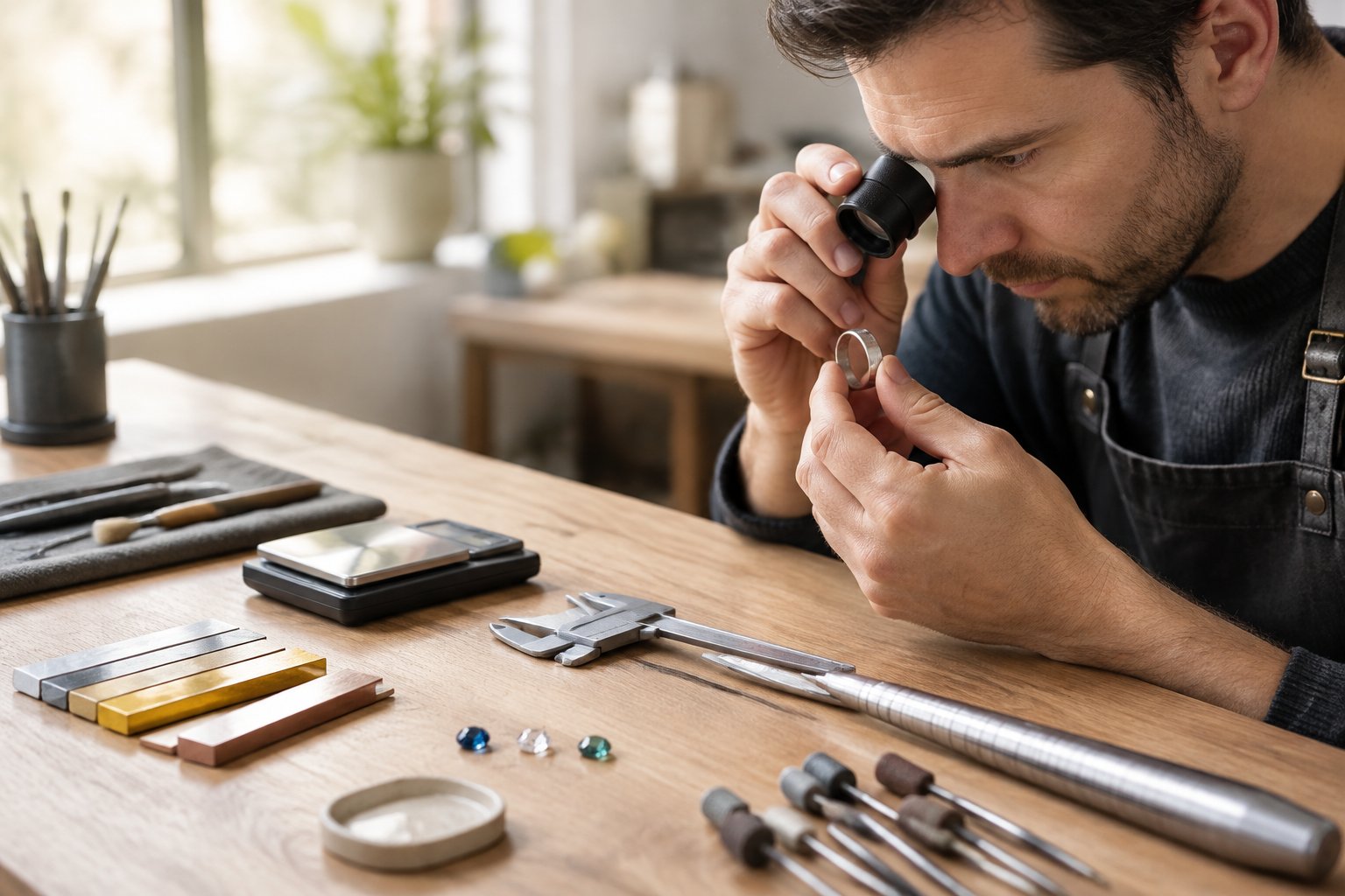 A jeweler examines a partially finished wedding band beside tools and metal samples on a workshop bench.