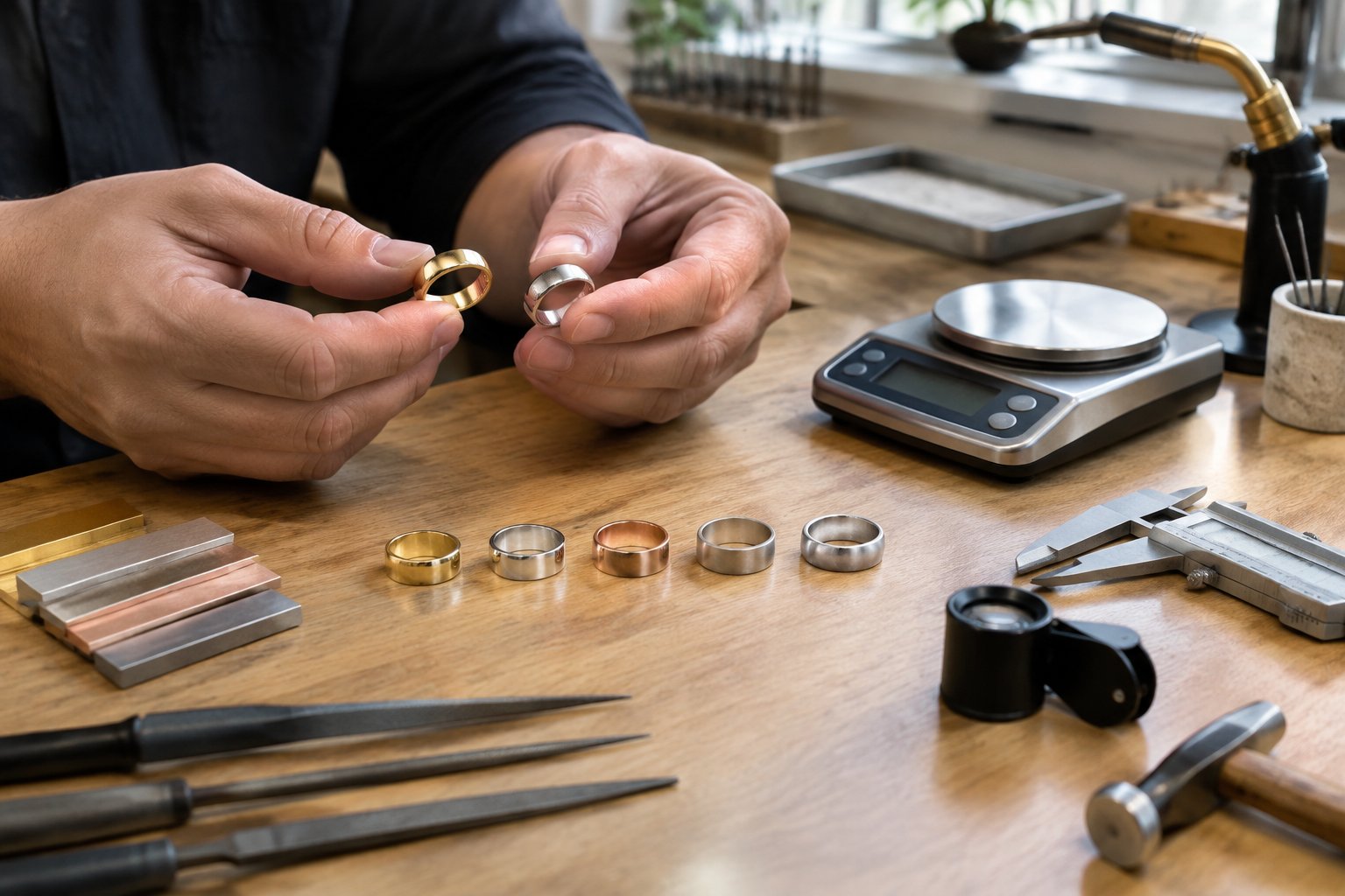 A jeweler compares wedding band samples made from different colored metals on a workshop table.