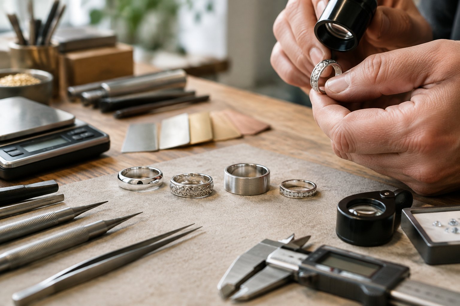 A jeweler examines several wedding bands with different designs and tools on a workbench.