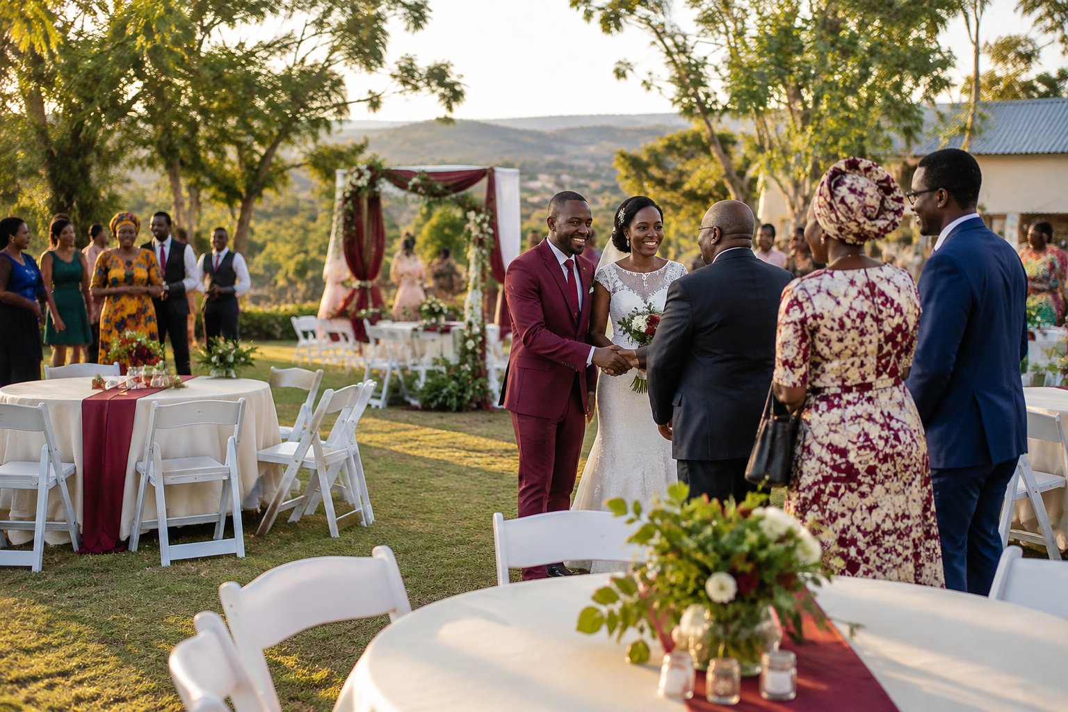 A bride and groom greet guests at a simple outdoor wedding venue in Zimbabwe.