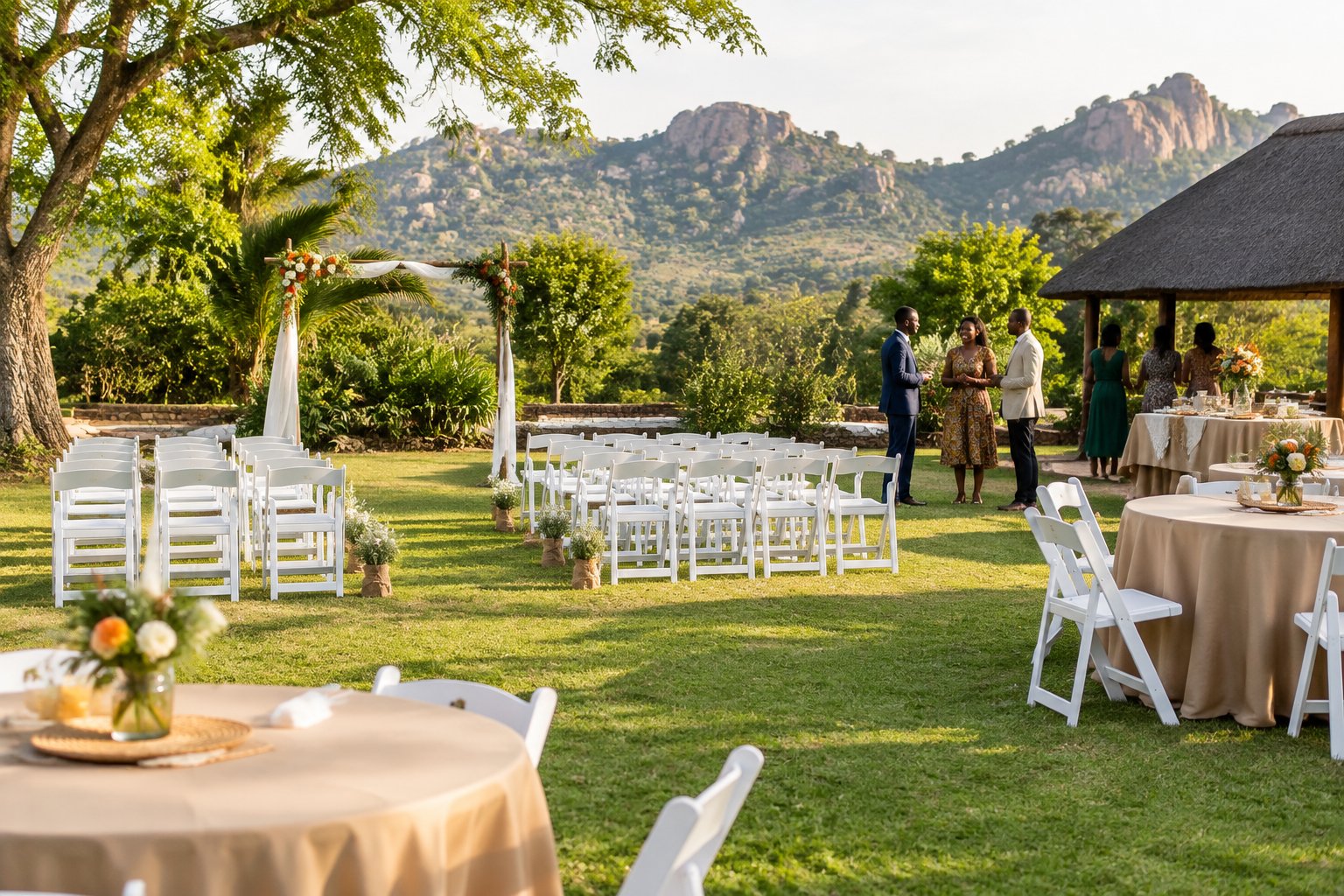 A modest outdoor wedding venue in Zimbabwe with arranged chairs, simple decorations, and a small floral arch.