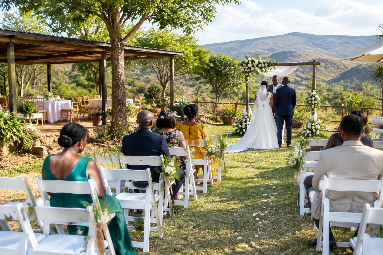 A modest outdoor wedding venue in Zimbabwe with white chairs, simple decorations, guests, and natural scenery.