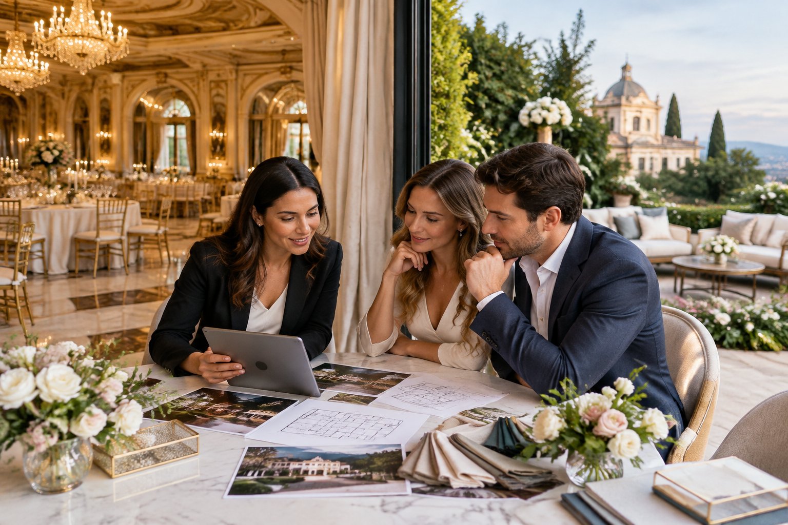 A couple compares two elegant wedding venue settings with a planner.