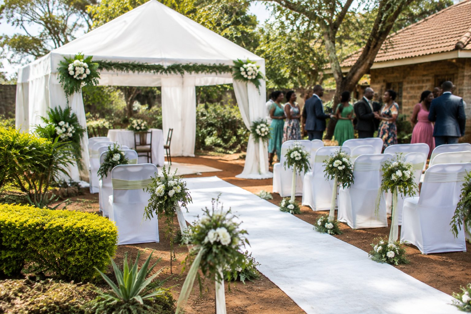 A modest garden wedding venue in Harare with a white canopy, simple seating, floral decorations, and guests gathered for a ceremony.