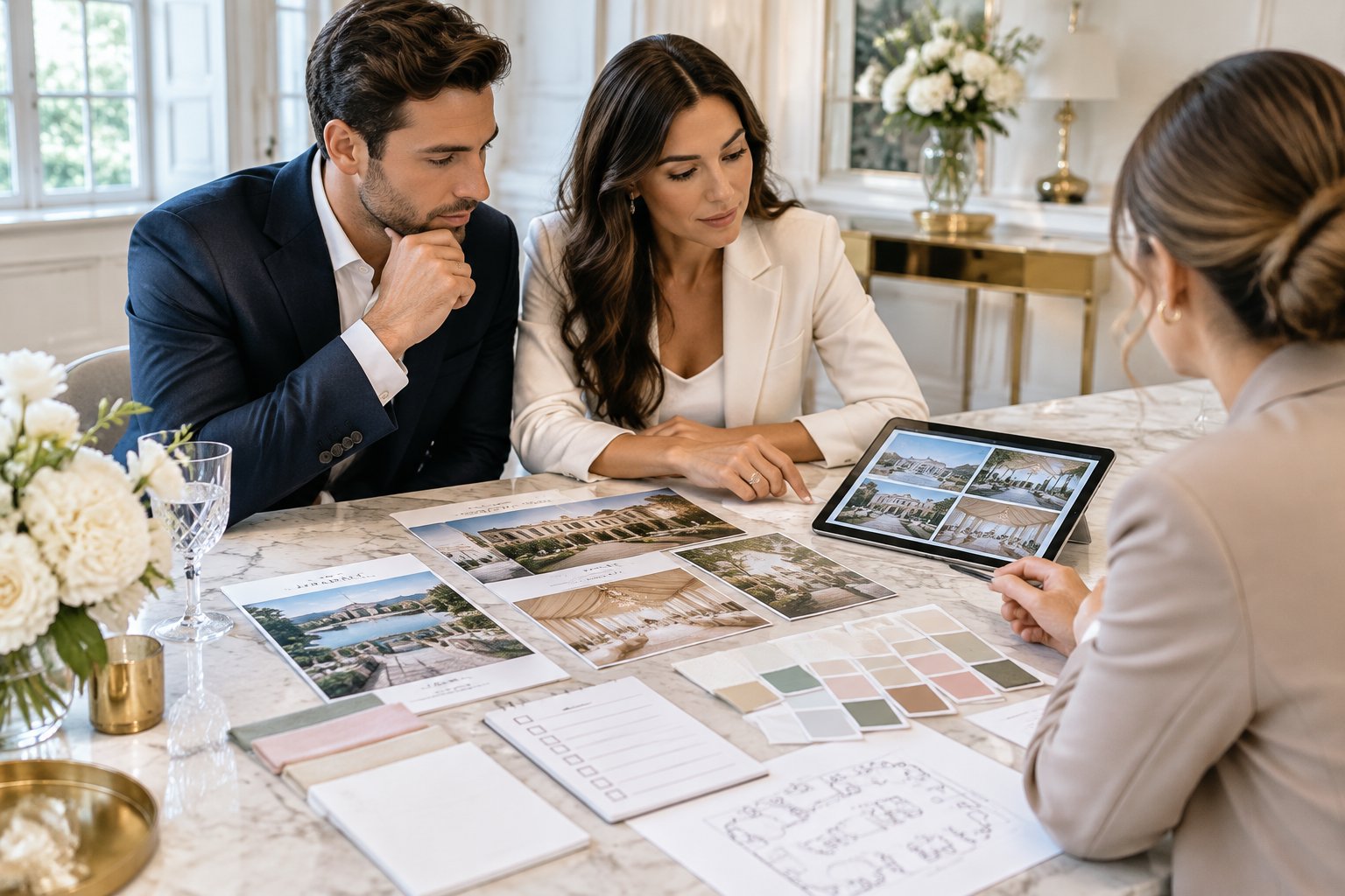An engaged couple compares luxury wedding venue options with a wedding planner at an elegant consultation table.