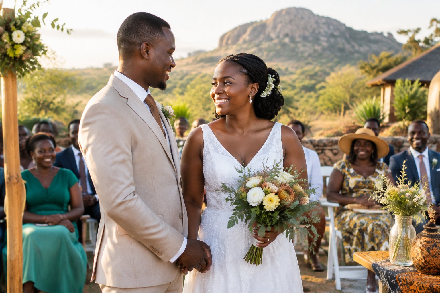 A couple celebrates their wedding with family and friends at a simple outdoor venue in Zimbabwe.