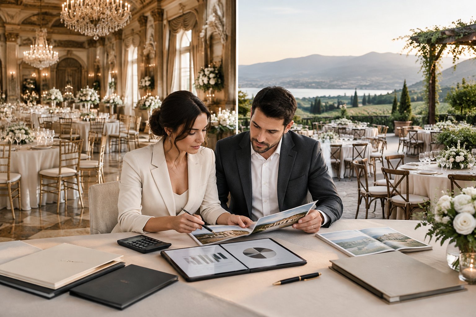 A couple compares the costs and features of two elegant luxury wedding venues.