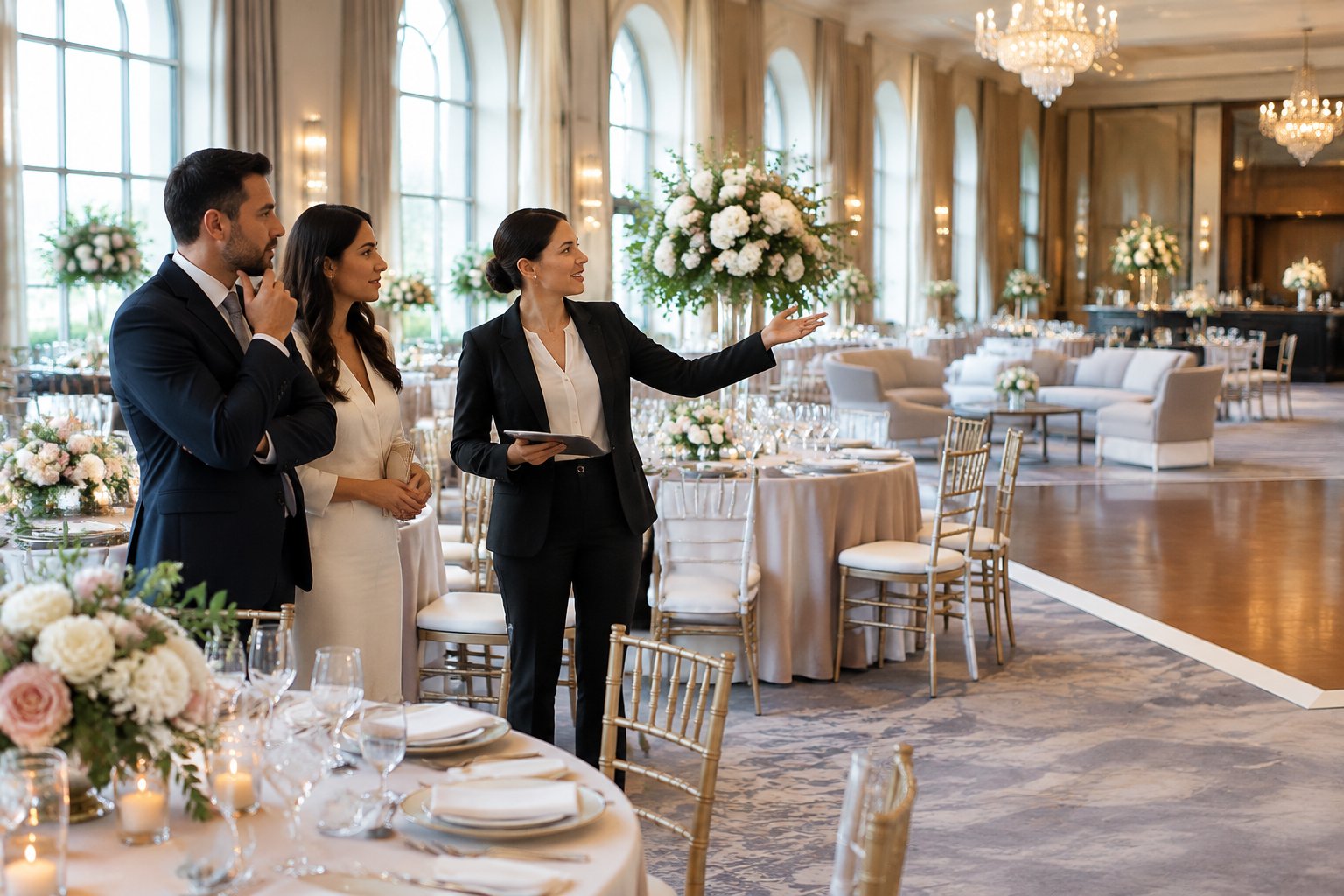 A couple and wedding planner compare the layout and service features of an elegant luxury reception venue.