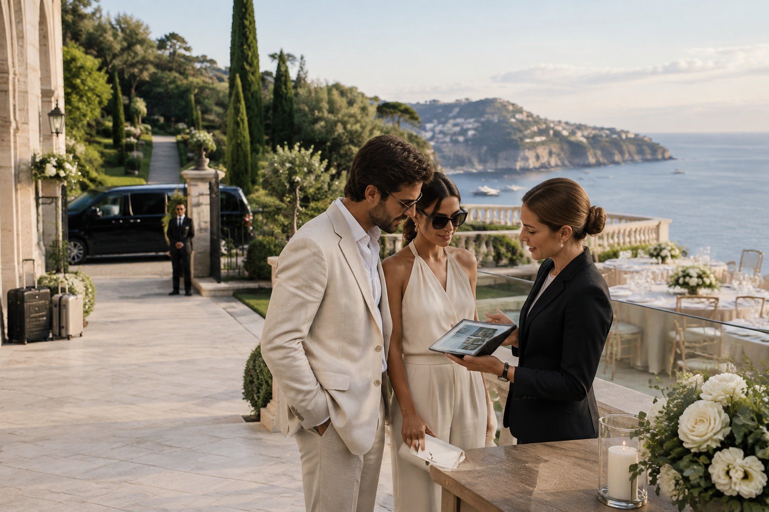 A couple discusses a luxury wedding venue with a planner on an elegant terrace overlooking the coast.