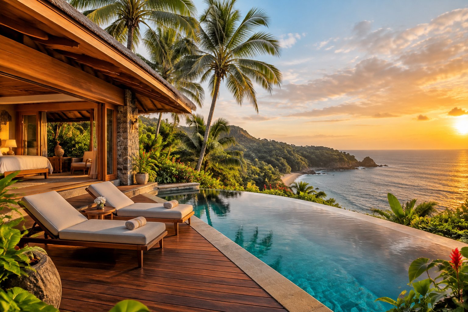 A luxury honeymoon resort villa surrounded by tropical greenery overlooking the Costa Rican coast.