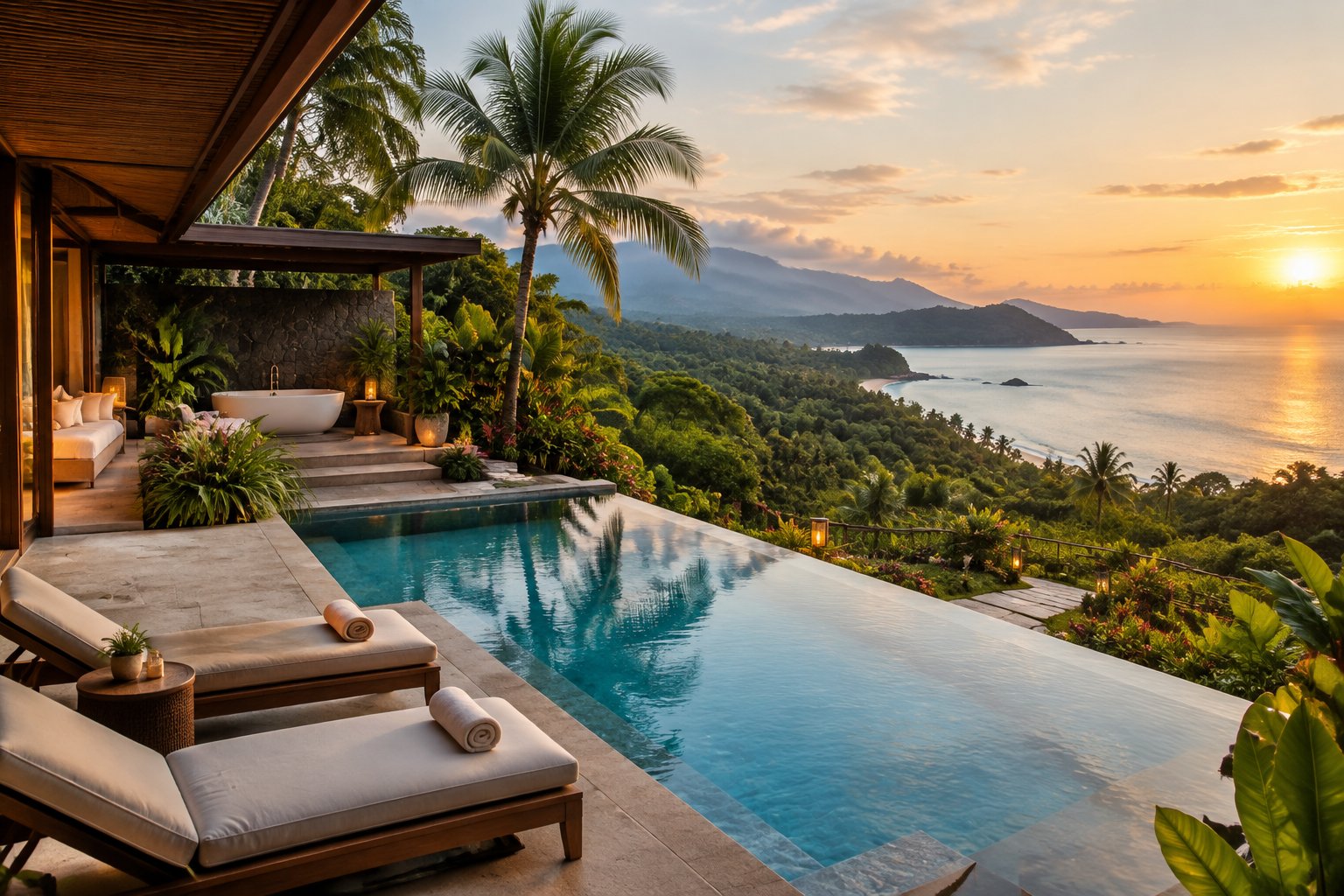 A luxurious tropical resort villa overlooks a rainforest, infinity pool, and turquoise ocean.