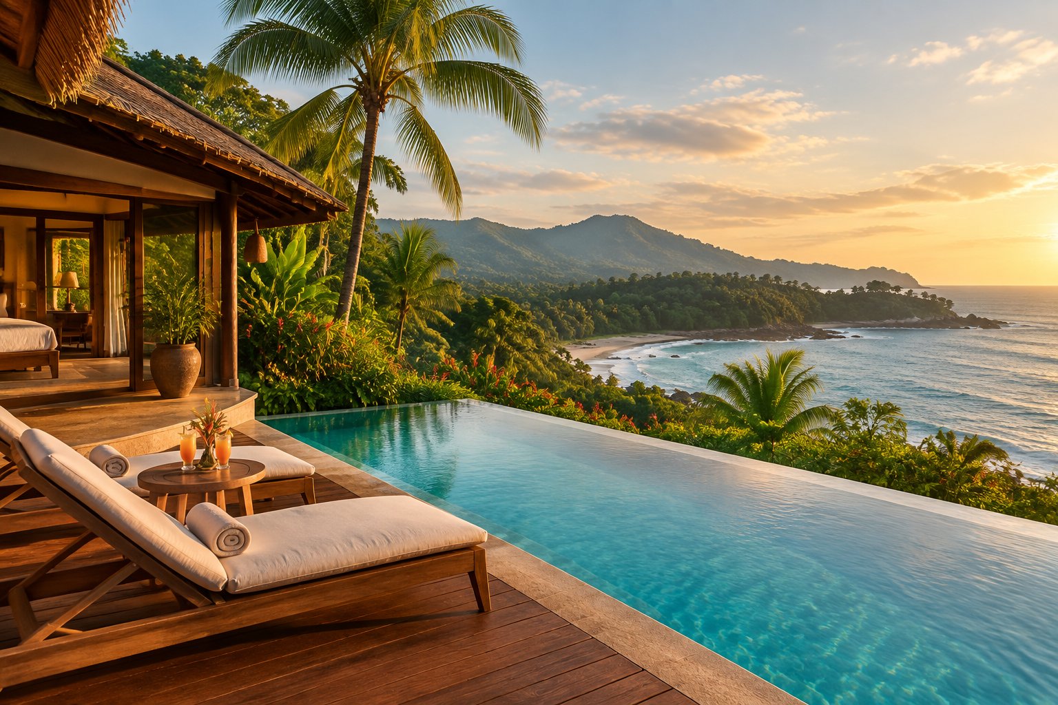 A luxurious Costa Rican resort with an infinity pool overlooking a tropical coastline.