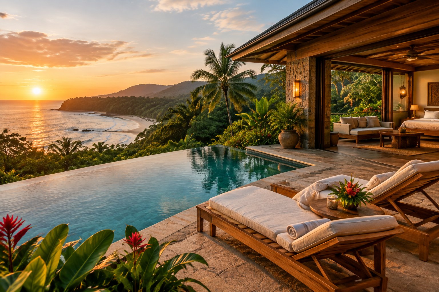 A secluded luxury resort with an infinity pool overlooking a tropical Costa Rican beach and rainforest.