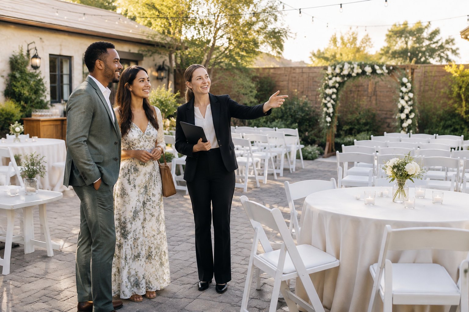 An engaged couple and a wedding coordinator tour an affordable garden wedding venue decorated with simple chairs, flowers, and reception tables.