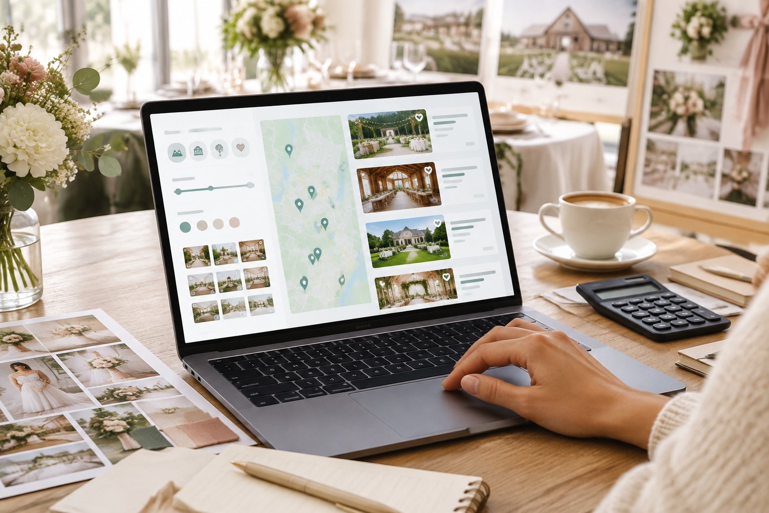 A person uses a laptop to compare affordable wedding venues while planning at a tidy workspace.