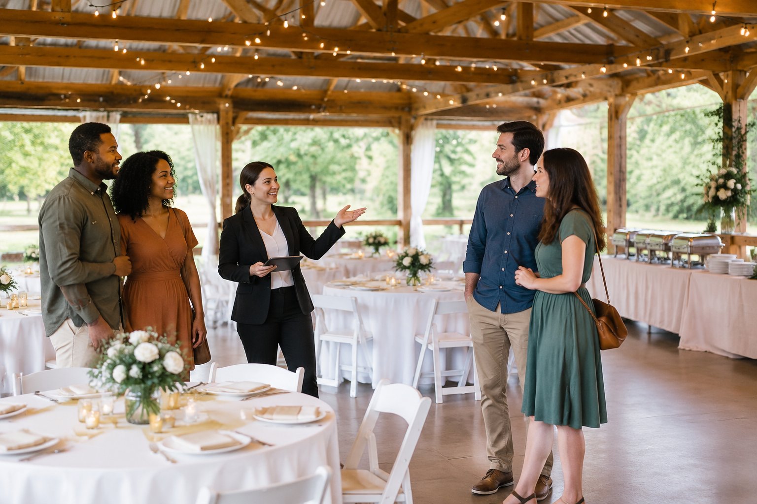 Couples and planners tour an affordable wedding venue arranged with simple tables, chairs, flowers, and string lights.