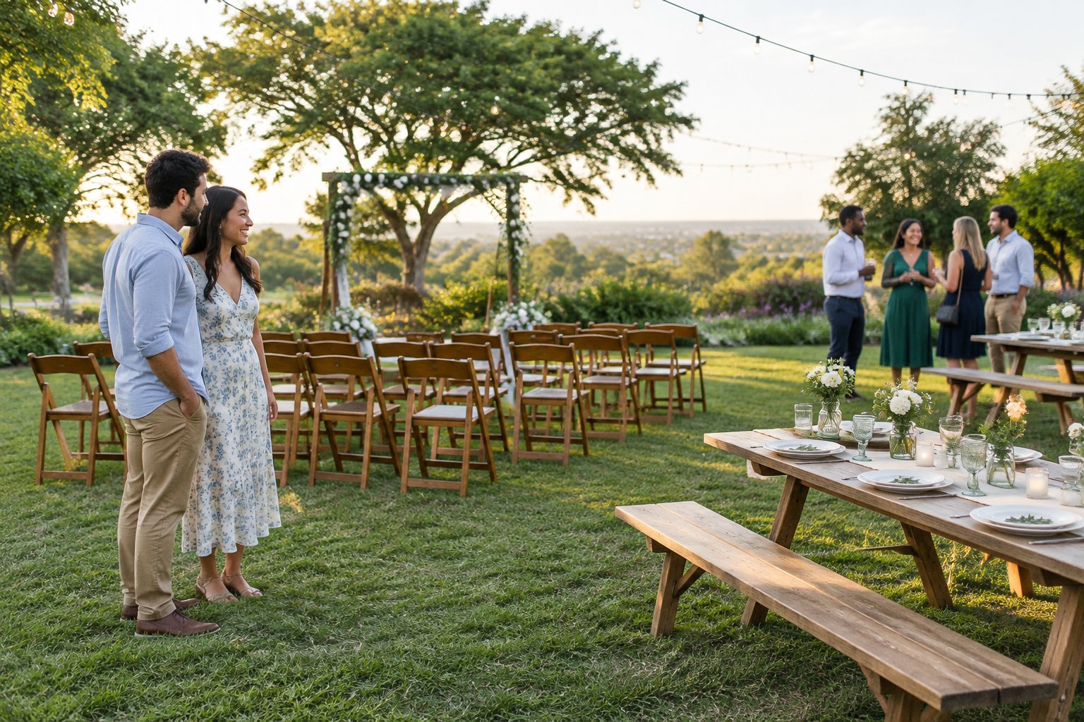 A couple and guests gather at an intimate outdoor wedding venue with simple decorations and string lights.
