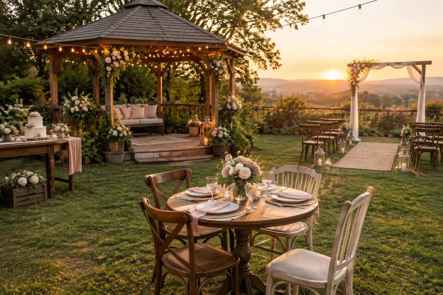 A small outdoor wedding reception arranged in a garden with simple decorations and seating.
