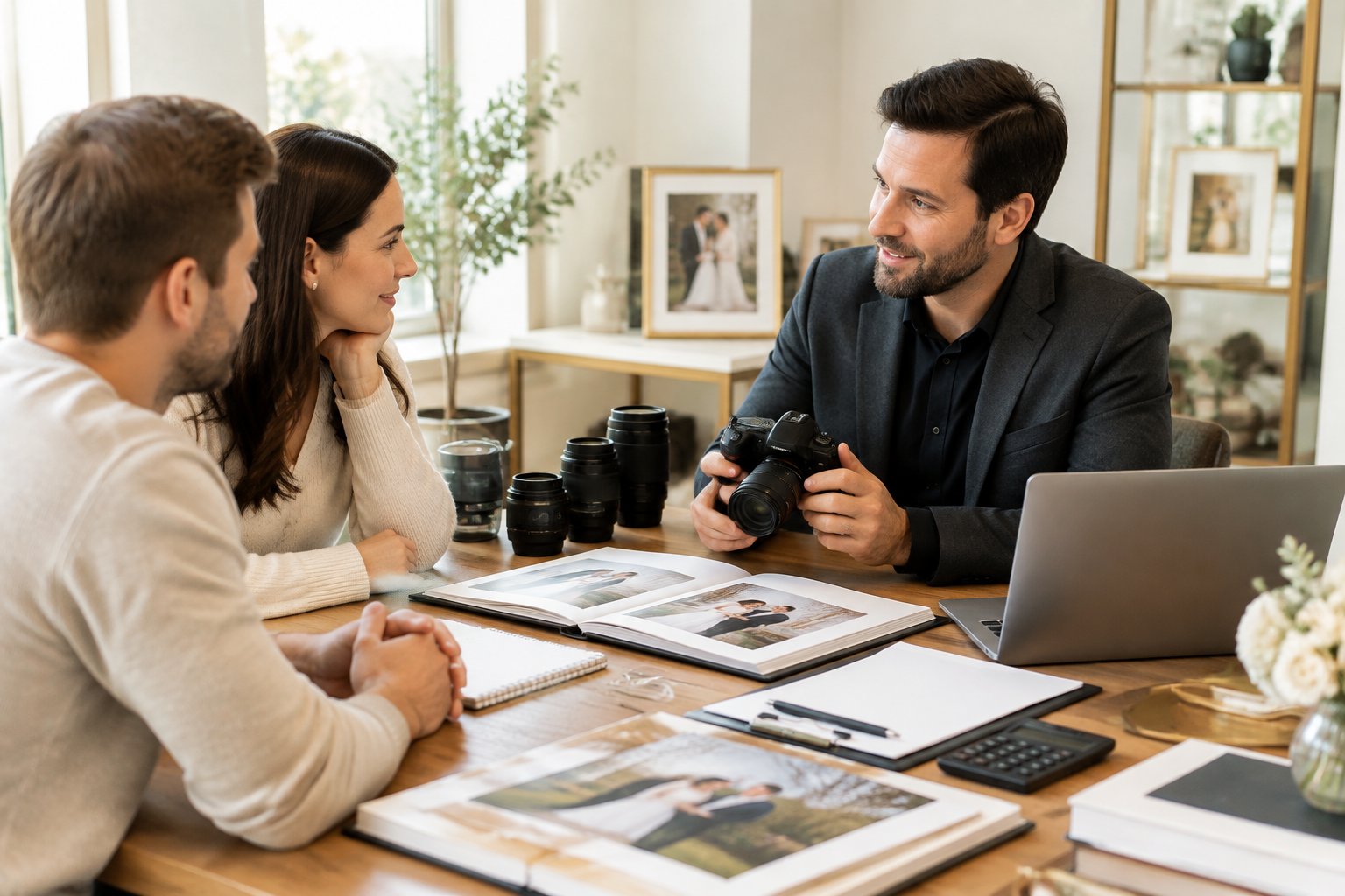 A wedding photographer discusses camera equipment and service options with an engaged couple at a consultation table.