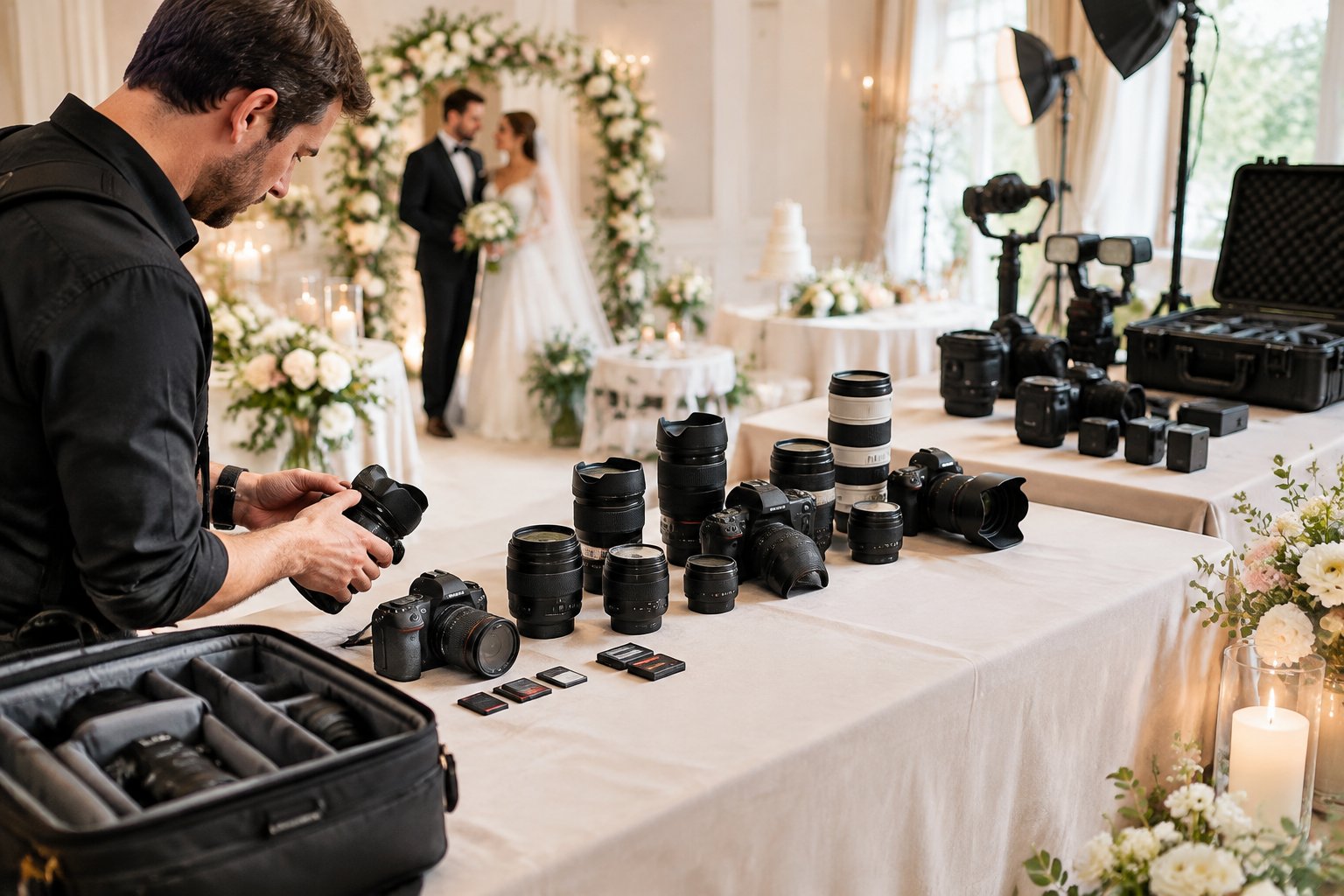 A wedding photographer organizes several levels of camera equipment at an elegant wedding venue while a couple and reception details appear in the background.