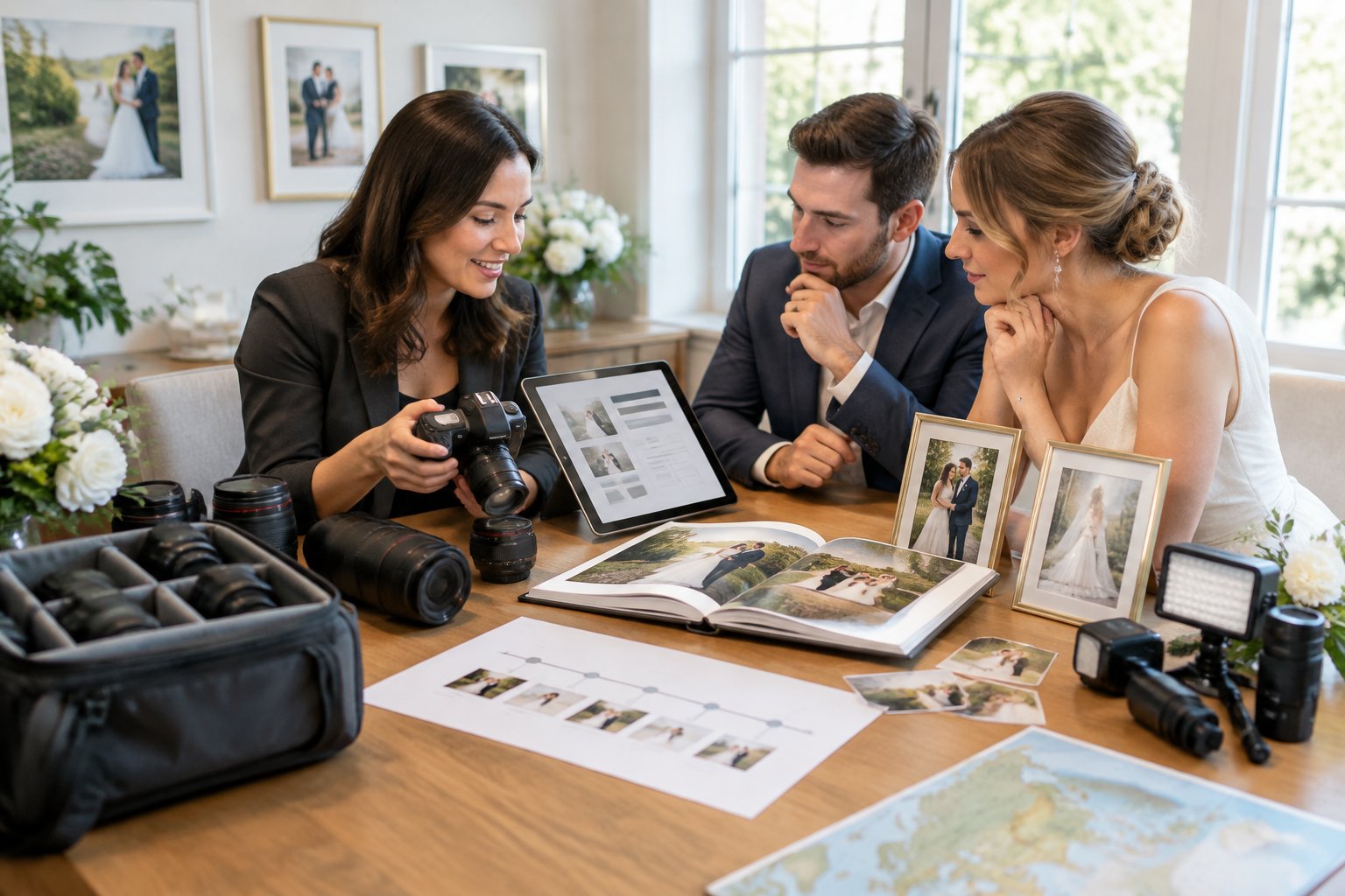 A wedding photographer discusses camera equipment and service options with an engaged couple at a consultation table.