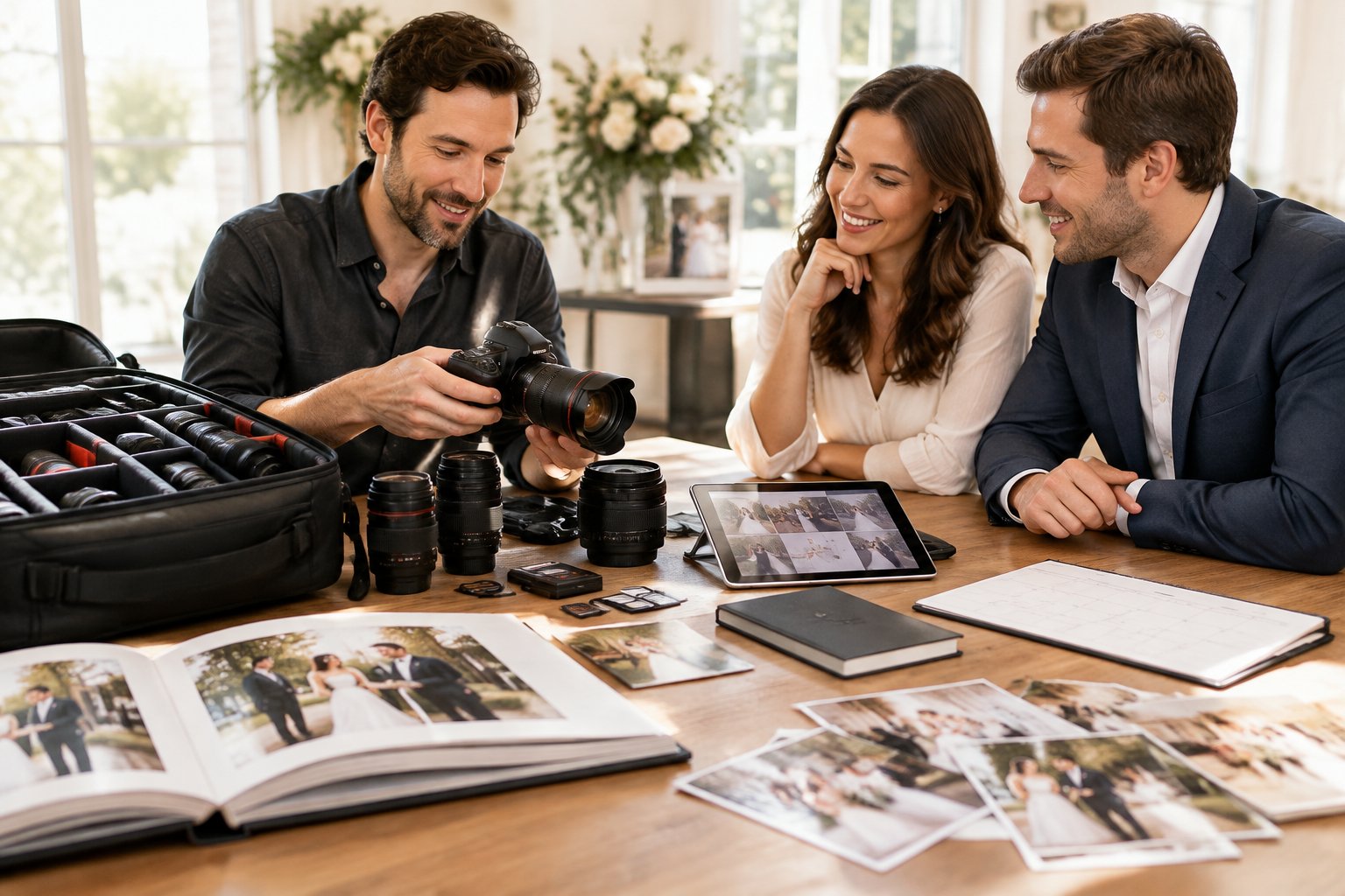 A wedding photographer discusses photography equipment, albums, and photo services with an engaged couple.