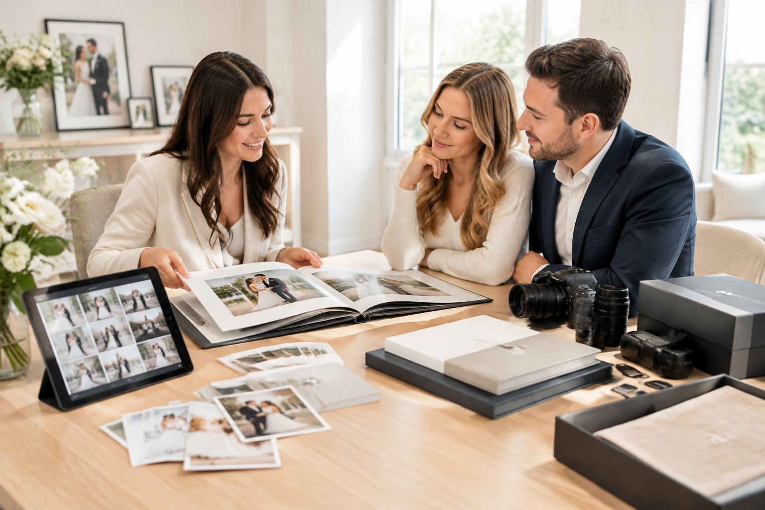 A wedding photographer shows an engaged couple premium albums, printed photos, and camera equipment during a consultation.