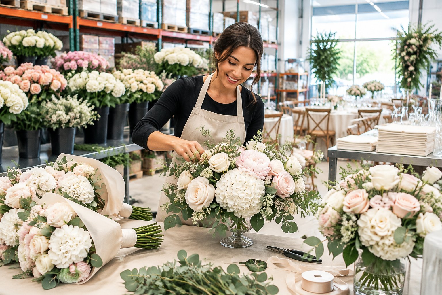 A florist arranges white and blush wedding flowers in a bright floral department.