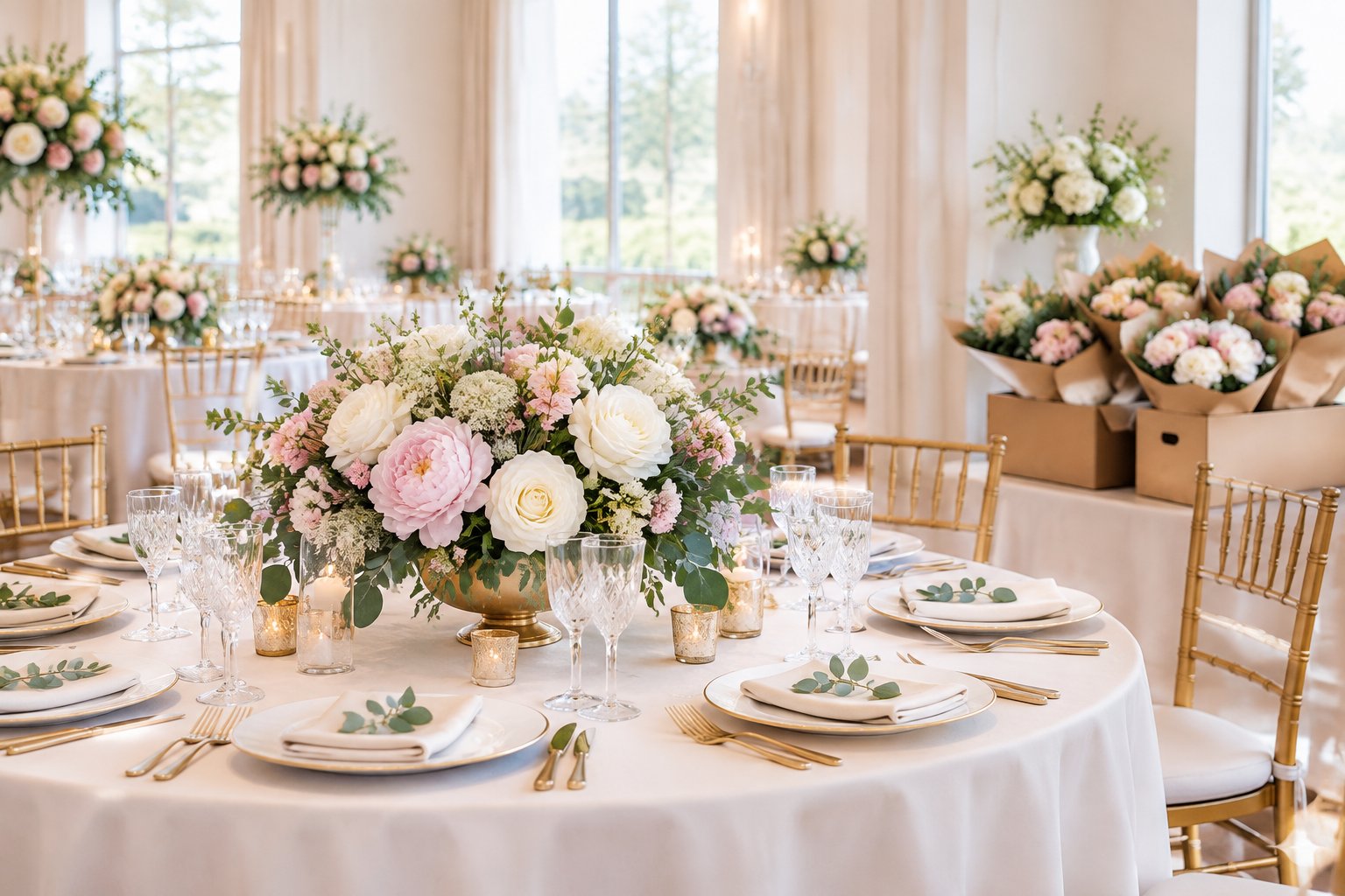 An elegant wedding reception table decorated with white and blush flowers, greenery, and neatly arranged place settings.