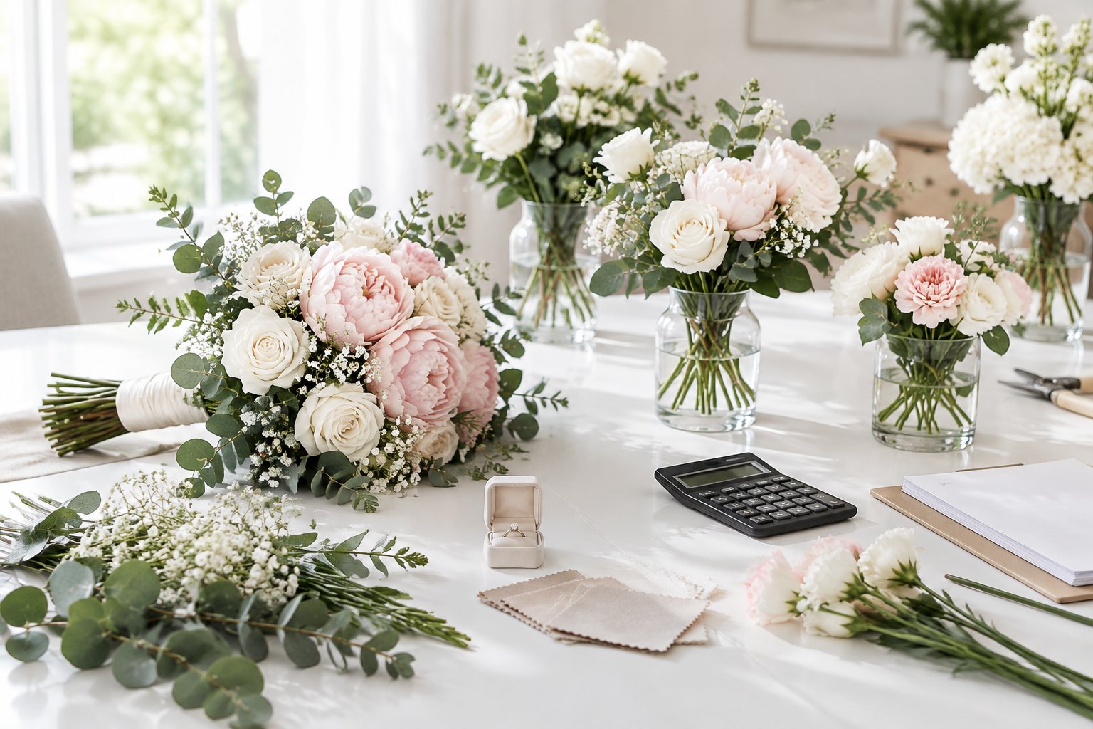 Wedding flowers and simple floral centerpieces arranged on a table with wedding planning items.