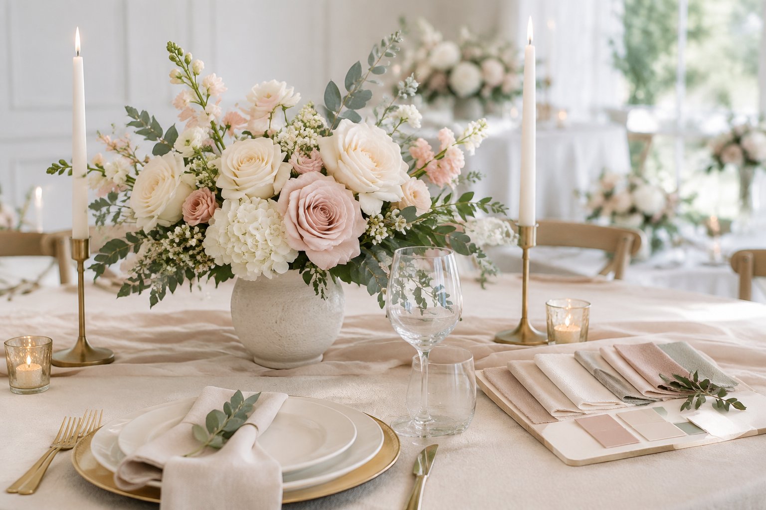 Coordinated wedding flowers and table décor arranged together in a bright design setting.
