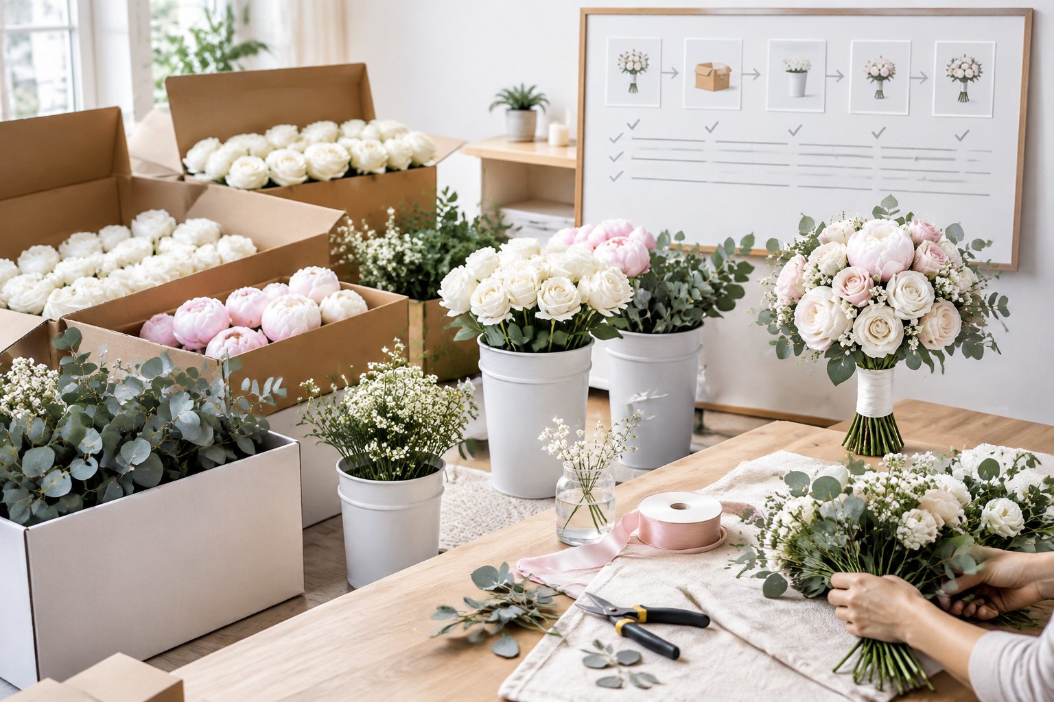 Wedding flowers are shown being delivered, hydrated, organized, and prepared beside a finished bridal bouquet.