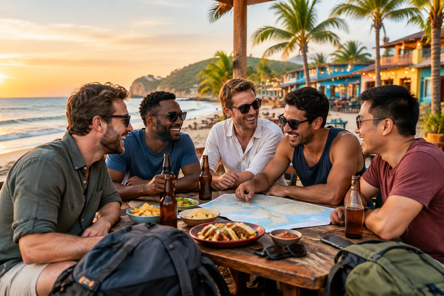 A group of friends enjoying an affordable tropical beachside celebration at sunset.