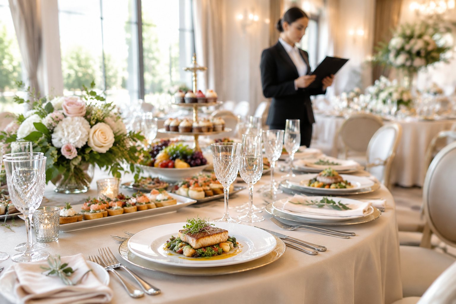 An elegant wedding reception table with catered dishes, place settings, and a professional reviewing the setup in the background.