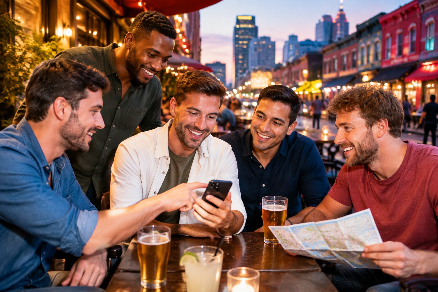 A group of friends enjoying an affordable evening out in a lively urban entertainment district.