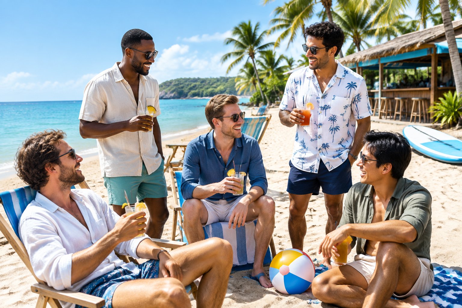 A group of friends enjoying a sunny tropical beach getaway together.