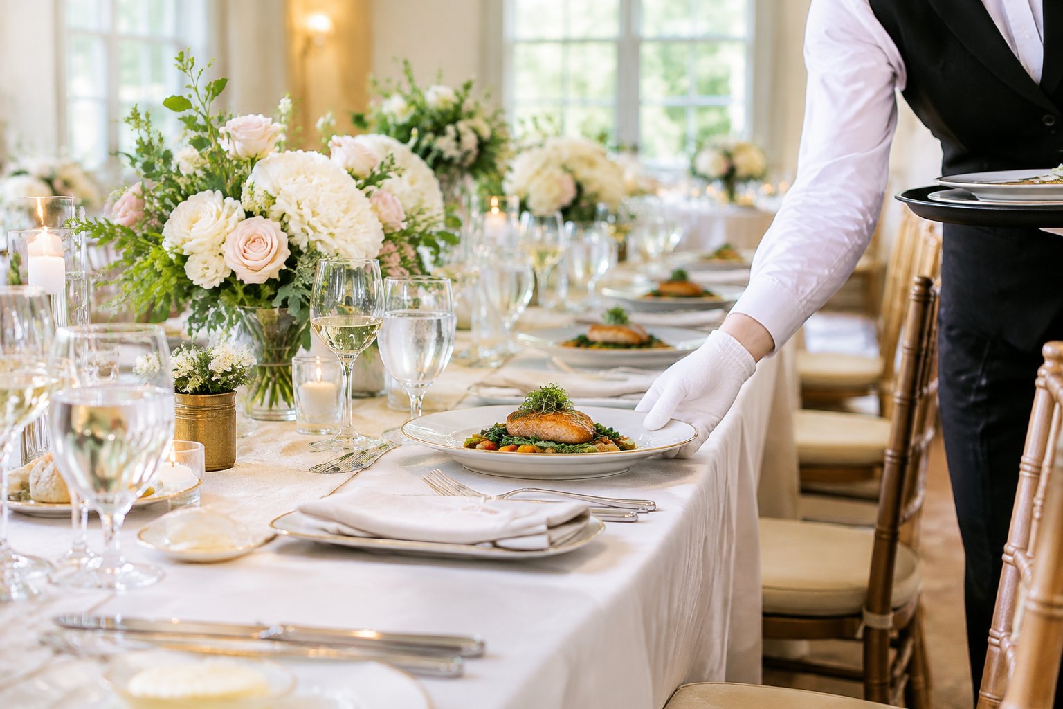 An elegant wedding reception table prepared with plated meals, tableware, glasses, and floral centerpieces while a server arranges the setting.
