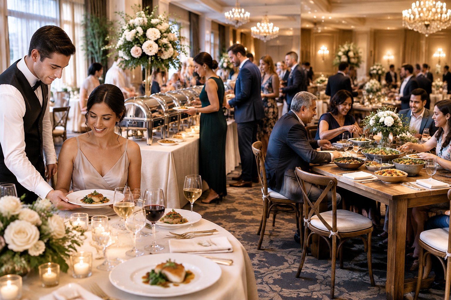 Wedding guests experience plated, buffet, and family-style meal service at an elegant reception.
