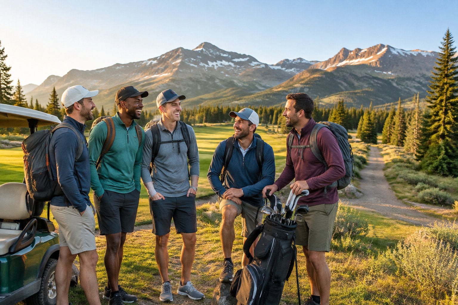Friends gather with golf gear beside a mountain golf course and hiking trail.
