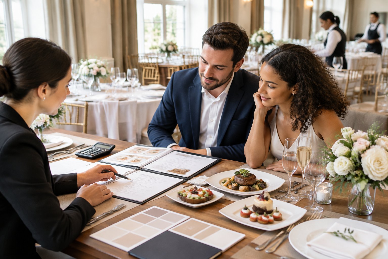 A couple reviews wedding catering details with a coordinator beside a banquet table of food and table settings.