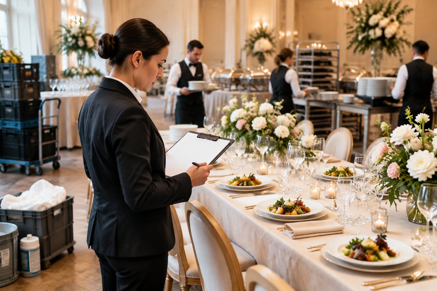 A catering professional reviews an invoice beside an elegantly prepared wedding reception table with additional catering equipment nearby.