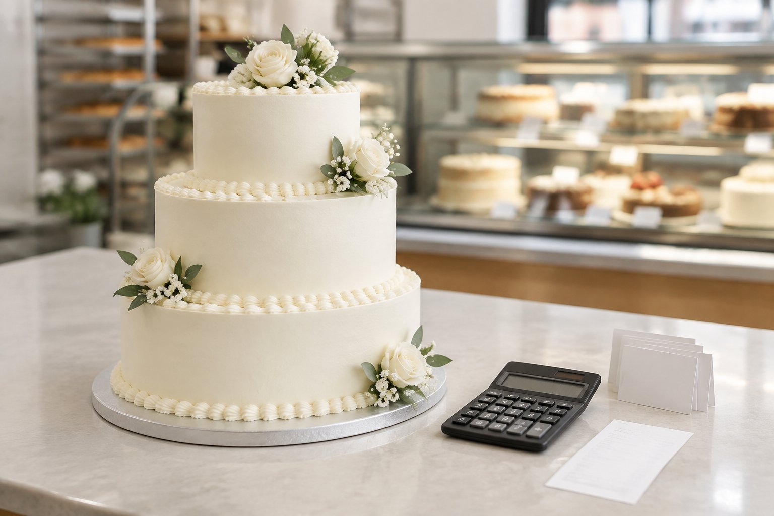 A tiered white wedding cake displayed beside a calculator on a bakery counter.