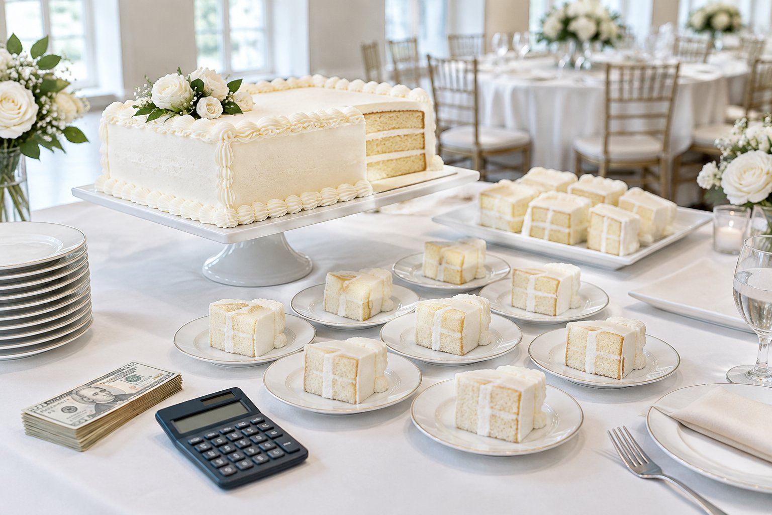 A decorated wedding cake with individual servings arranged on a reception dessert table beside a calculator and neatly organized currency.