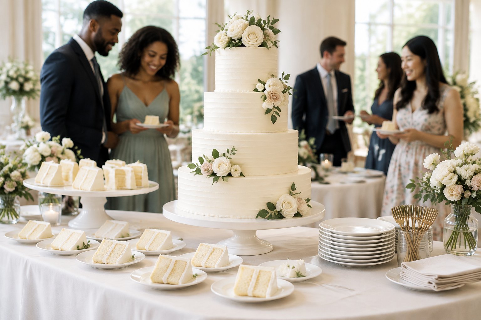 A tiered white wedding cake displayed on a reception dessert table with slices and guests in the background.