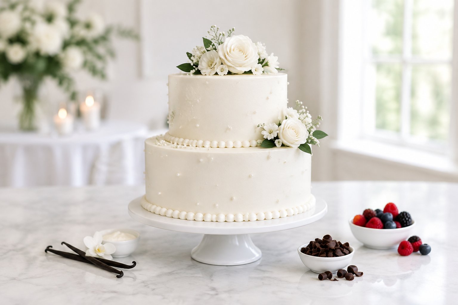 A white two-tier wedding cake with simple piped decorations, edible pearls, white flowers, vanilla, chocolate, and berries displayed on a bakery table.