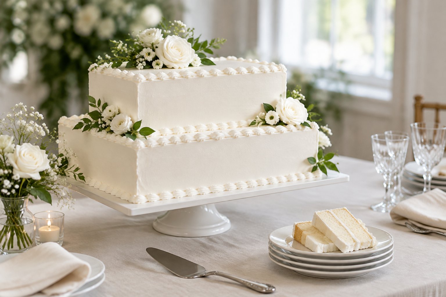 An elegant white two-tier wedding cake with flowers displayed on a reception table.