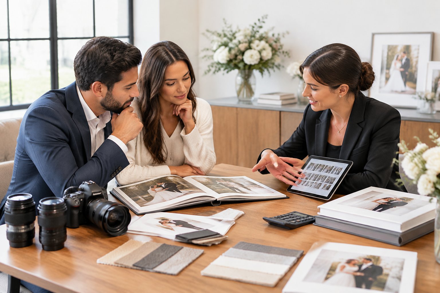 A couple discusses premium wedding photography options with a photographer at a studio table.
