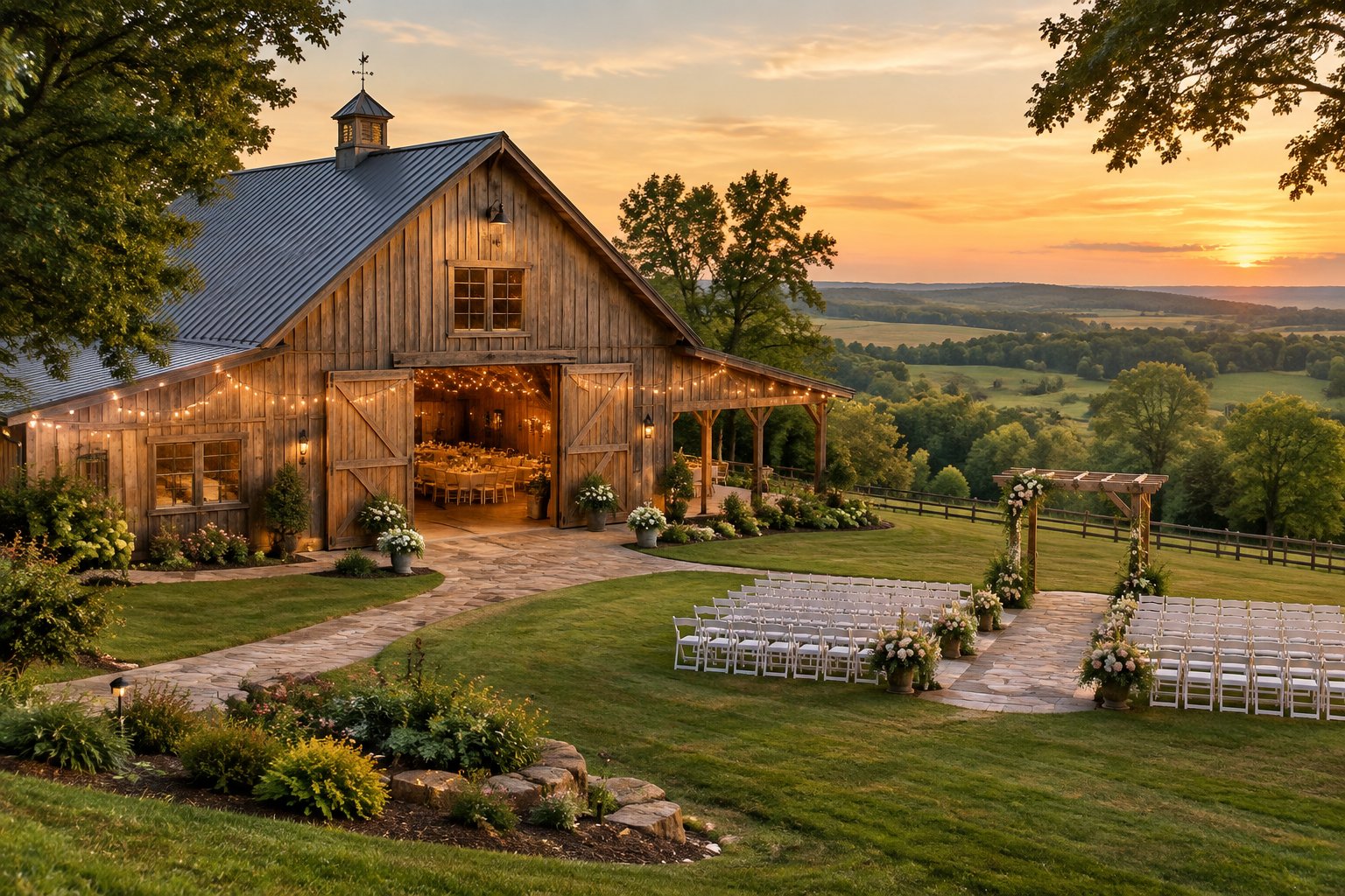 Rustic barn wedding venue with outdoor ceremony seating, floral decorations, and string lights in a green countryside setting.